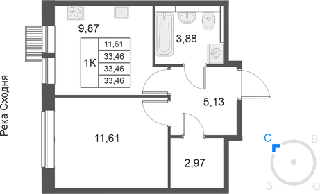 Квартира 33,5 м², 1-комнатная - изображение 1