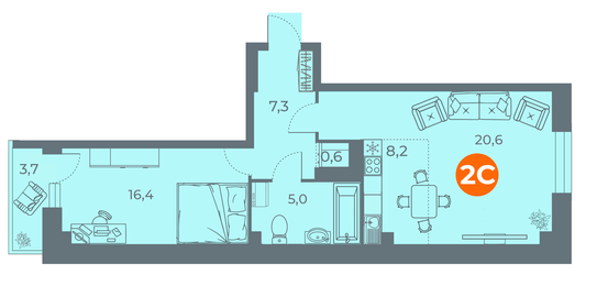 Квартира 58,7 м², 1-комнатная - изображение 1