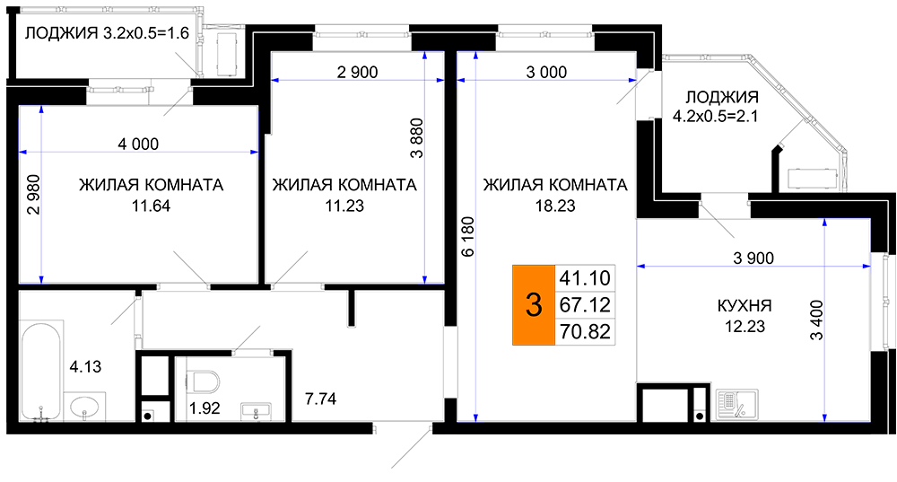 70,8 м², 3-комнатная квартира 8 427 580 ₽ - изображение 1