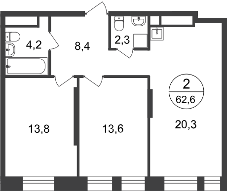 62,6 м², 2-комнатная квартира 15 656 384 ₽ - изображение 1