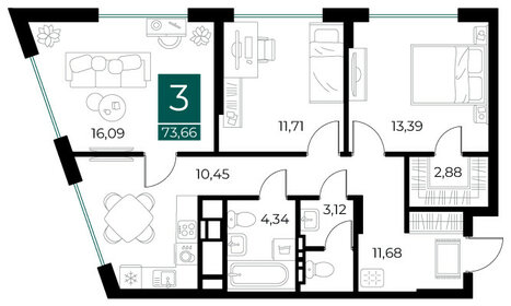 Квартира 73,7 м², 3-комнатная - изображение 1