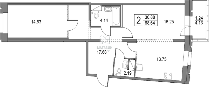 Квартира 68,6 м², 2-комнатная - изображение 1