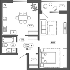 Квартира 62,5 м², 2-комнатная - изображение 1