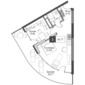 Квартира 61,5 м², 1-комнатная - изображение 1