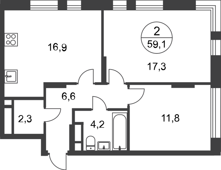 59,1 м², 2-комнатная квартира 16 135 687 ₽ - изображение 1