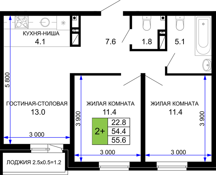 55,6 м², 2-комнатная квартира 6 449 600 ₽ - изображение 1