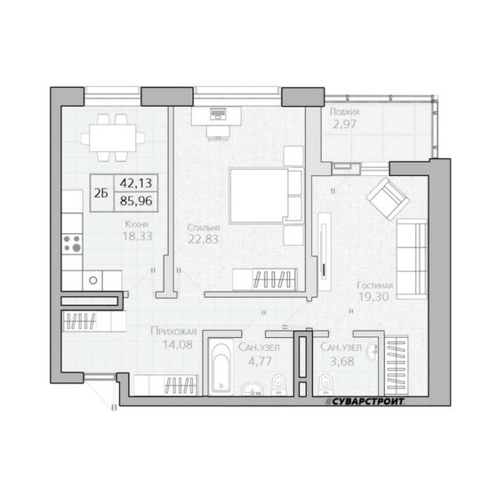 77,3 м², 2-комнатная квартира 20 937 000 ₽ - изображение 1