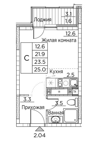 25 м², квартира-студия 4 995 313 ₽ - изображение 1