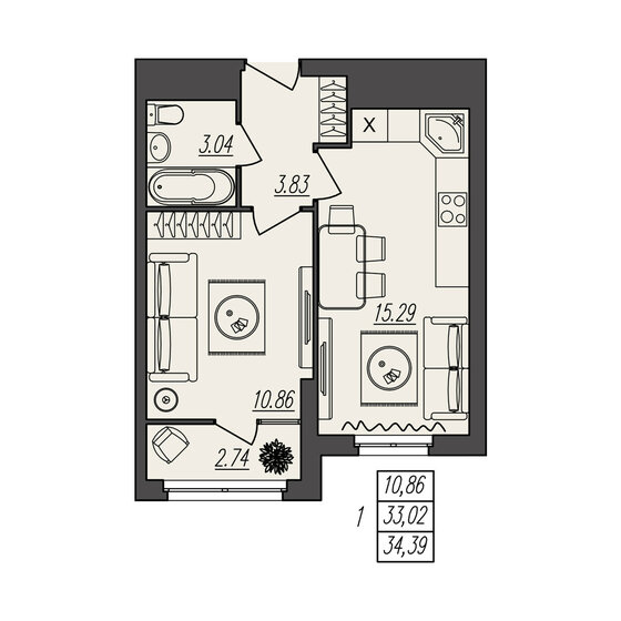 34,4 м², 1-комнатная квартира 5 502 400 ₽ - изображение 1