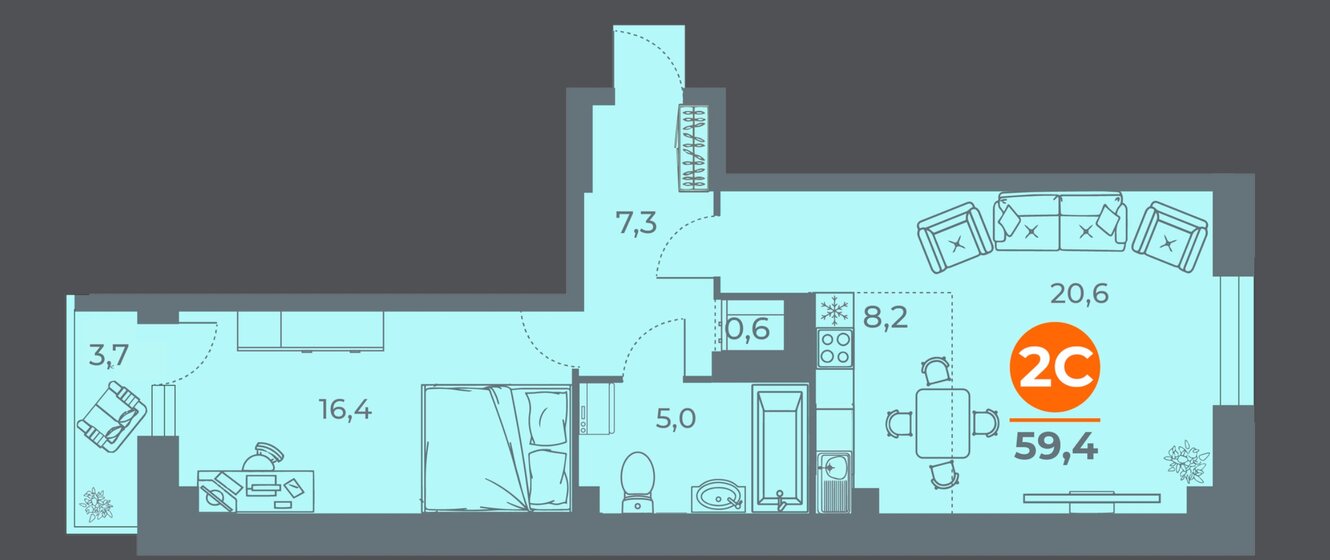 59,4 м², 2-комнатная квартира 6 200 000 ₽ - изображение 1