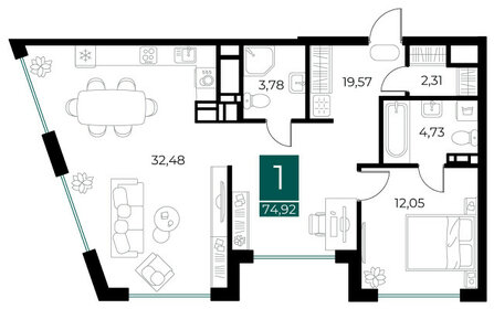Квартира 74,9 м², 1-комнатная - изображение 1