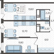 Квартира 61,4 м², 2-комнатная - изображение 2