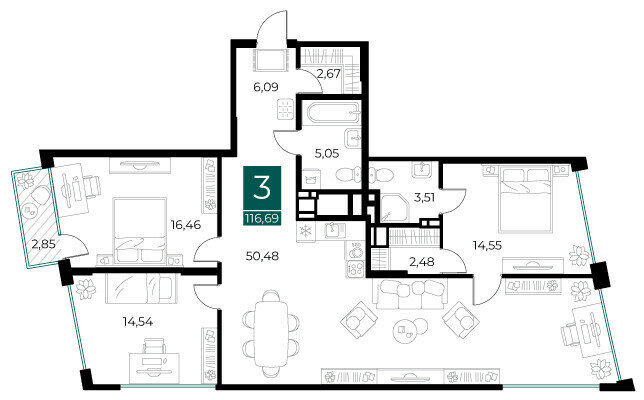 116,7 м², 3-комнатная квартира 16 803 360 ₽ - изображение 1