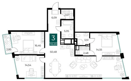 Квартира 116,7 м², 3-комнатная - изображение 1