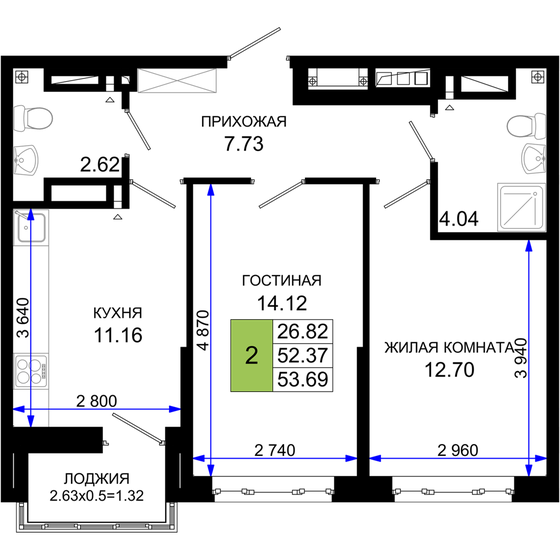 53,7 м², 2-комнатная квартира 6 442 800 ₽ - изображение 1