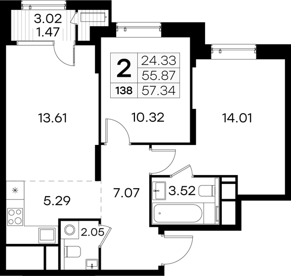 57,3 м², 2-комнатная квартира 14 579 999 ₽ - изображение 1