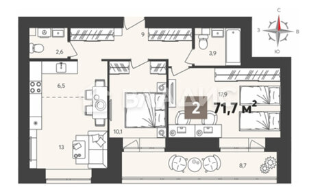 Квартира 71,7 м², 2-комнатная - изображение 1