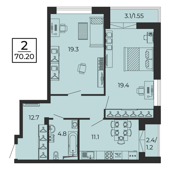 70,7 м², 2-комнатная квартира 10 160 883 ₽ - изображение 1