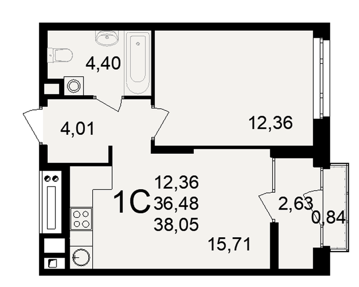 38,1 м², 1-комнатная квартира 4 109 400 ₽ - изображение 1