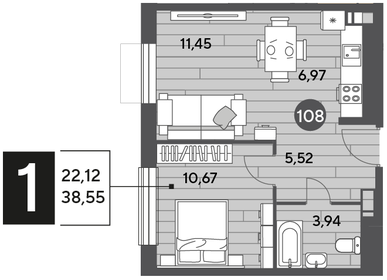 Квартира 38,6 м², 1-комнатная - изображение 1