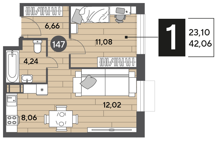 42,1 м², 1-комнатная квартира 6 649 686 ₽ - изображение 1