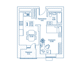 Квартира 37,4 м², 1-комнатная - изображение 1