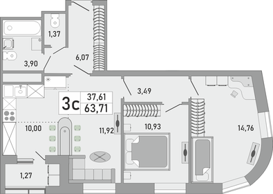 Квартира 63,7 м², 3-комнатная - изображение 1