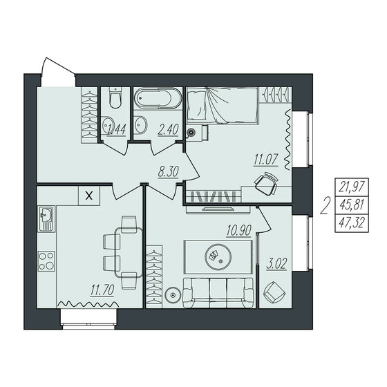 47,3 м², 2-комнатная квартира 4 211 480 ₽ - изображение 1