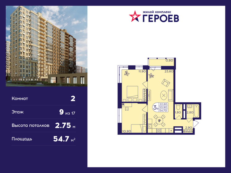 54,7 м², 2-комнатная квартира 9 323 615 ₽ - изображение 1