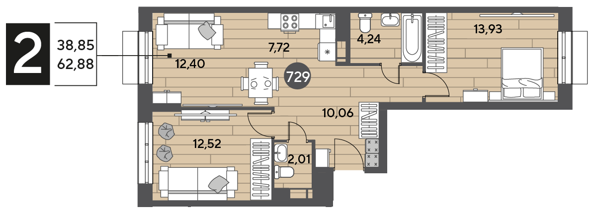 62,9 м², 2-комнатная квартира 9 155 328 ₽ - изображение 1