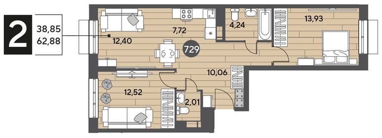 Квартира 62,9 м², 2-комнатная - изображение 1