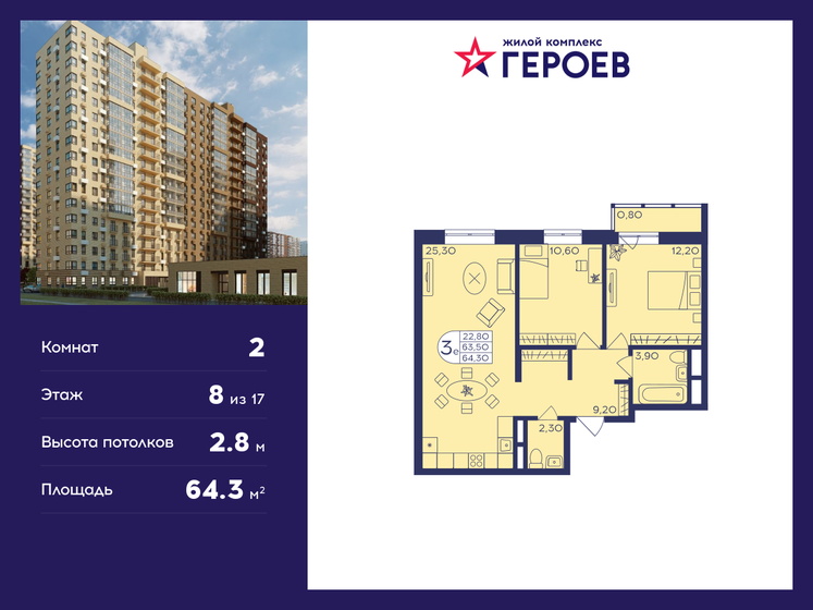 64,3 м², 2-комнатная квартира 11 111 040 ₽ - изображение 13