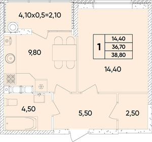 Квартира 38,8 м², 1-комнатная - изображение 1