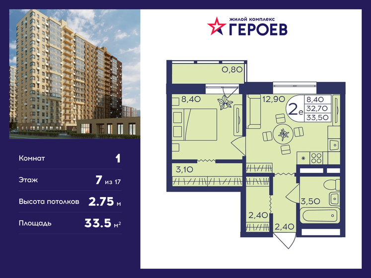 33,5 м², 1-комнатная квартира 6 567 675 ₽ - изображение 14