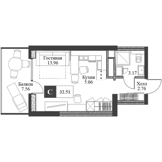 32,6 м², квартира-студия 6 900 000 ₽ - изображение 1