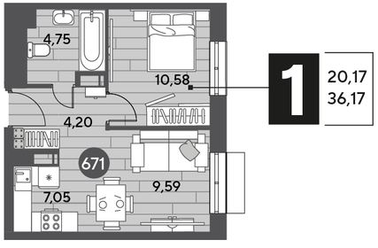 Квартира 36,2 м², 1-комнатная - изображение 1