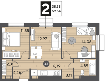 Квартира 59,5 м², 2-комнатная - изображение 1