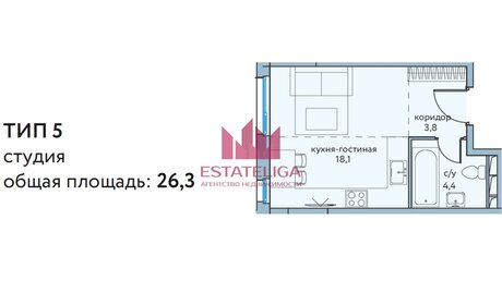 Квартира 26,1 м², 1-комнатная - изображение 1