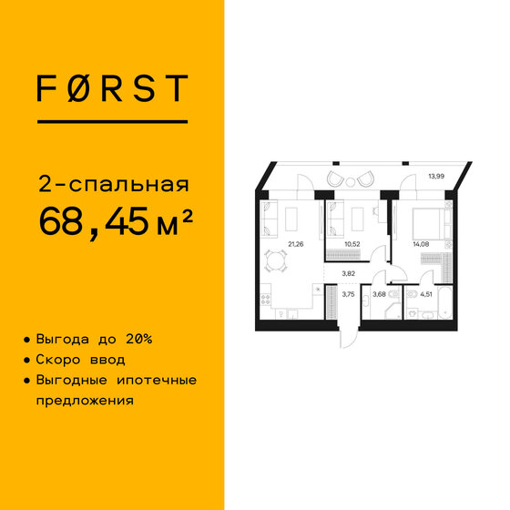 68,5 м², 2-комнатная квартира 28 721 620 ₽ - изображение 1