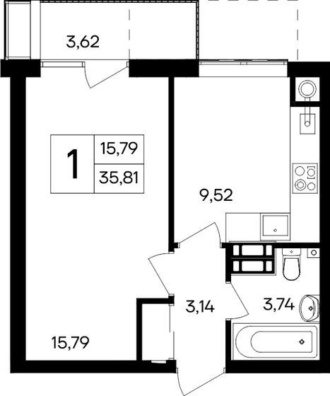 35,8 м², 1-комнатная квартира 4 118 150 ₽ - изображение 1