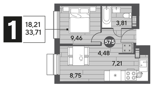 Квартира 33,7 м², 1-комнатная - изображение 1