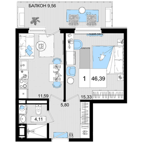Квартира 46,4 м², 1-комнатные - изображение 1