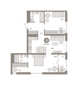 Квартира 74,3 м², 2-комнатная - изображение 1