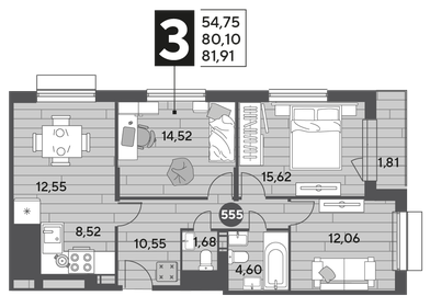 Квартира 81,9 м², 3-комнатная - изображение 1