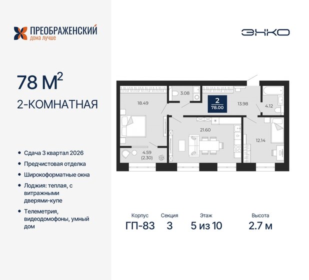 78 м², 2-комнатная квартира 16 300 000 ₽ - изображение 17