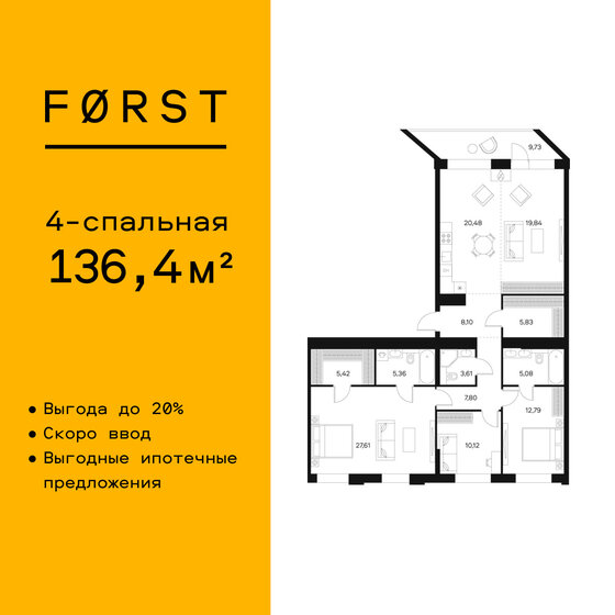 136,5 м², 4-комнатная квартира 91 107 376 ₽ - изображение 1