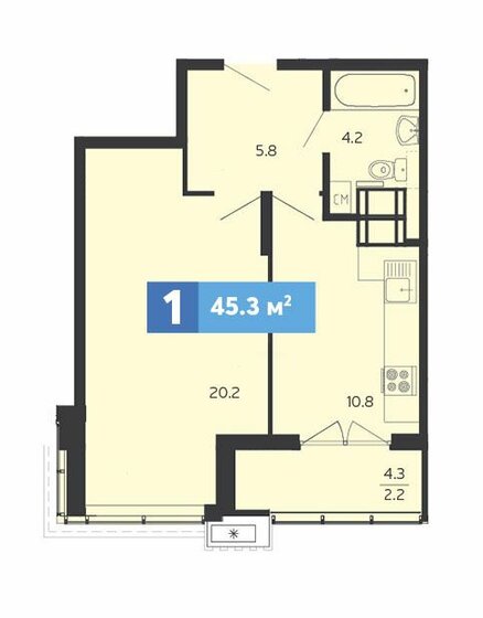 45,3 м², 1-комнатная квартира 5 277 250 ₽ - изображение 1