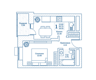 Квартира 34,5 м², 1-комнатная - изображение 1