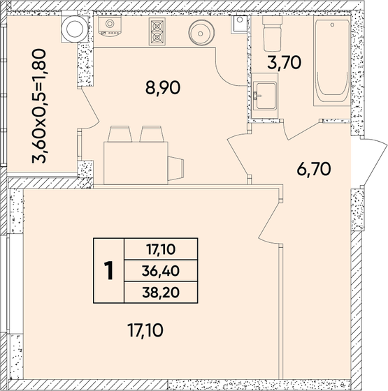 38,2 м², 1-комнатная квартира 4 801 740 ₽ - изображение 1