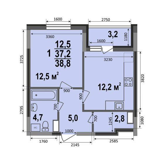 38,8 м², 1-комнатная квартира 3 647 200 ₽ - изображение 1